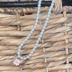 Juicy Couture White Pearl Necklace with Pink Clover Charm